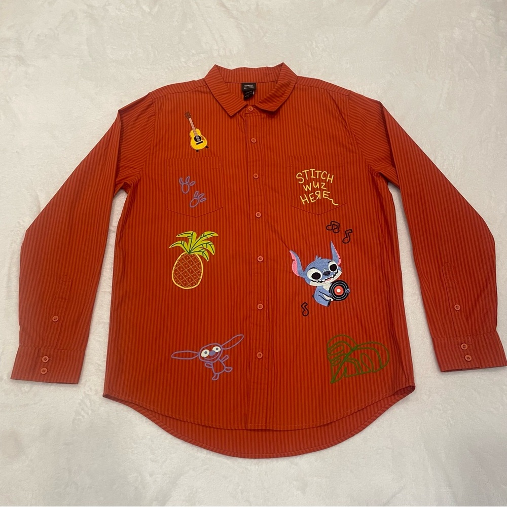 Disney OUR Universe Men Shirt Size L Lilo Stitch Button Striped Cotton Isometric
